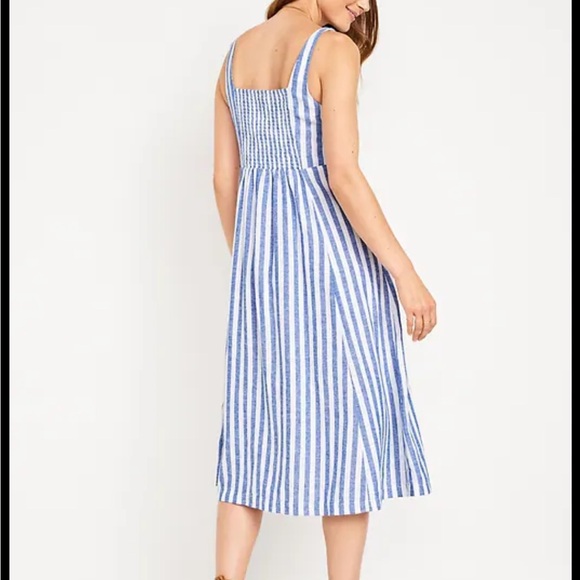 Old Navy Midi Dress Womens XL Blue White Stripe SundressSmock Back Linen Blend - Picture 2 of 13